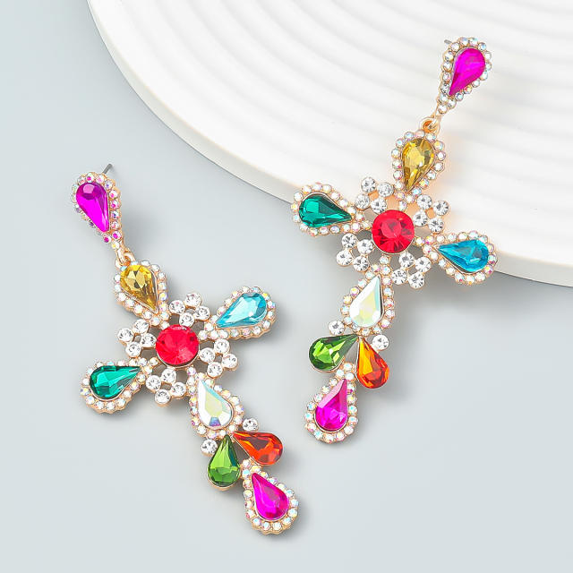 Boho colored rhinestone cross earrings