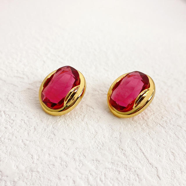 Luxury color crystal setting oval ear studs