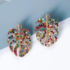 Color rhinestone leaf design earrings