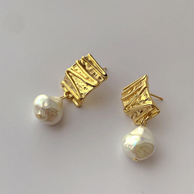 Vintage geometric pearl real gold plated earrings