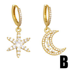 Rhinestone moon star 18KG copper huggie earrings