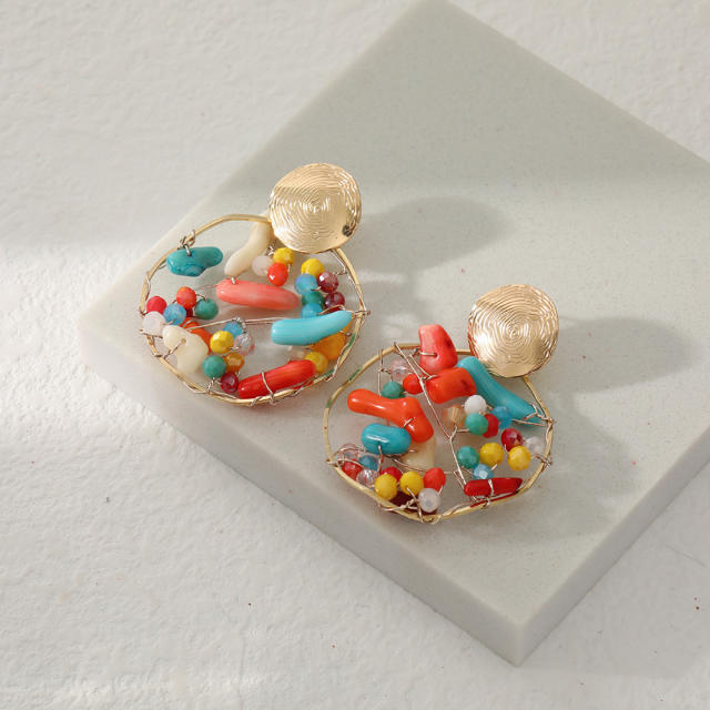 Handmade wireline color stone geometric earrings