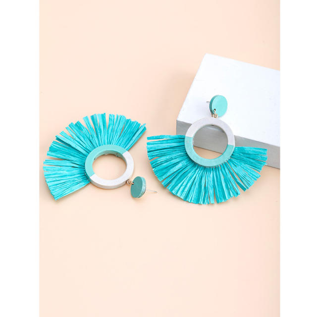 Boho summer colorful straw fan shape earrings