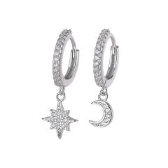 S925 silver moon star asymmetric huggie earrings