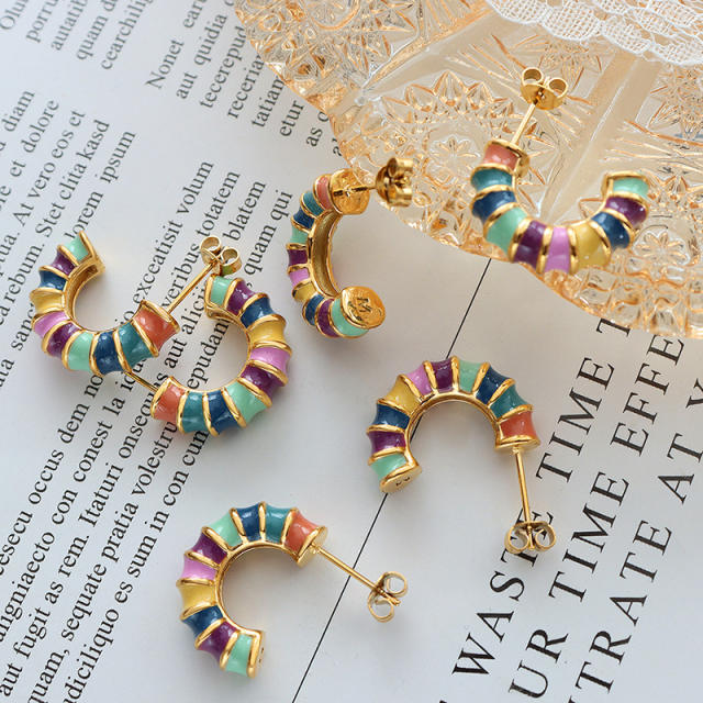 Color enamle bamboo shape open hoop earrings