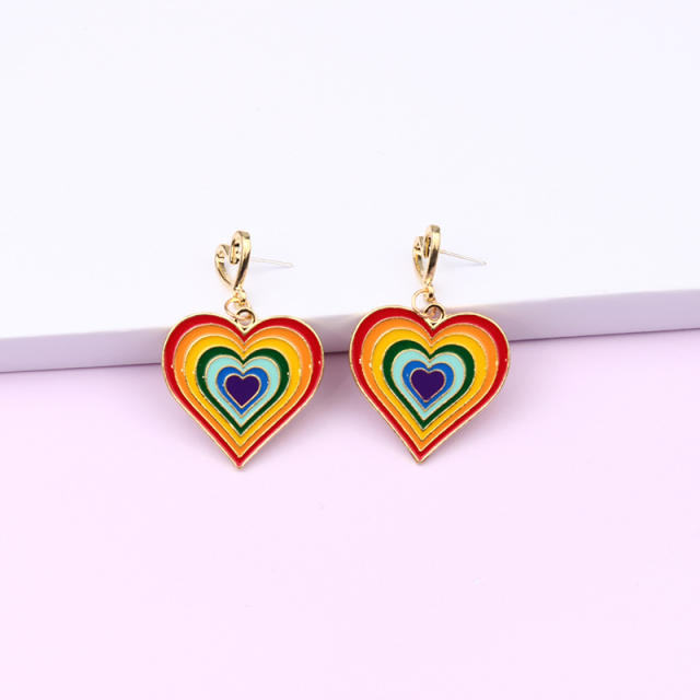 Enamel rainbow heart dangle earrings