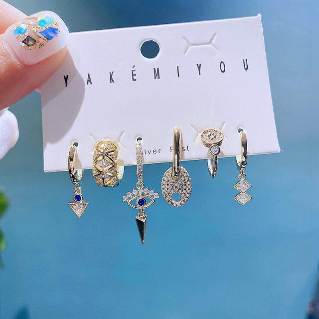6pcs pave setting rhinestong evil eye huggie earrings set