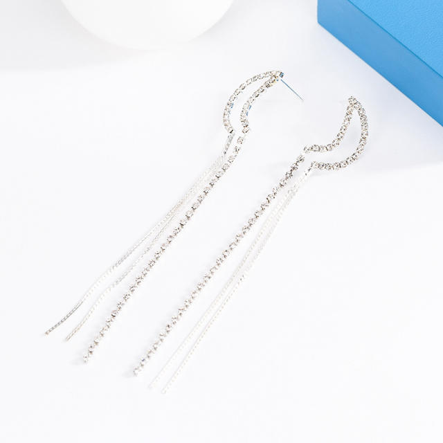 Korean fashion rhinestone moon long tassel earrings