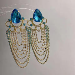 Luxury blue glass crstal tassel dangle earrings