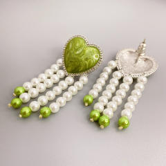 Enamel heart pearl beads tassel earrings