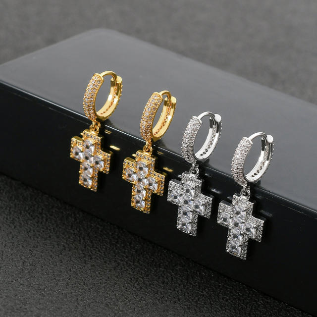 Hip hop zircon cross pendant earrings