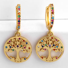 Rainbow color zircon setting the hand and life tree shape copper huggie earrings