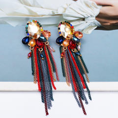 Black color chain tassel glass crystal earrings