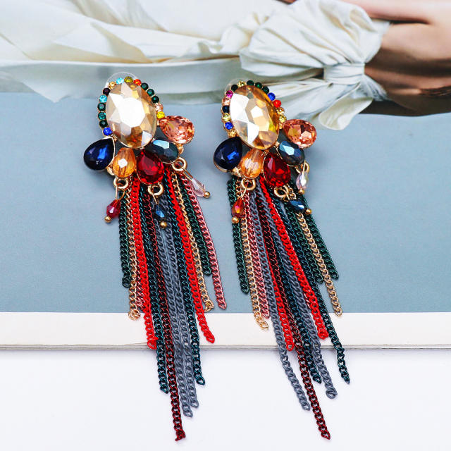 Black color chain tassel glass crystal earrings