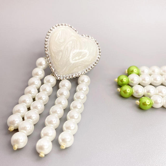 Enamel heart pearl beads tassel earrings