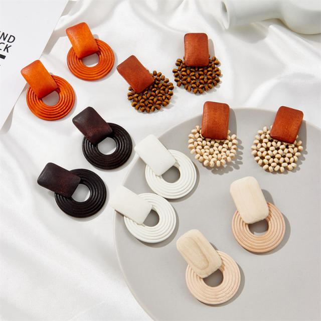 Geometric wood beaded vintage earrings