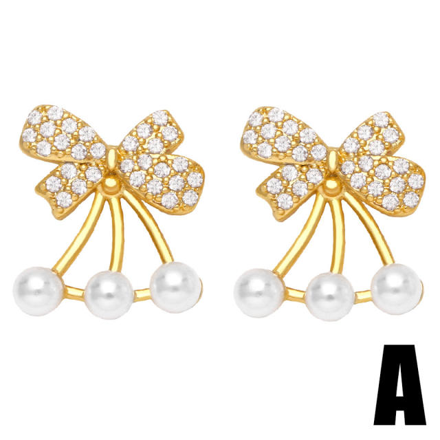 Cute bow bee rhinestone pearl studs