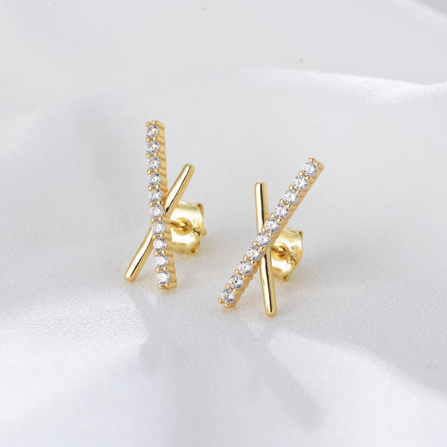 S925 sterling silver cubic zircon cross ear studs