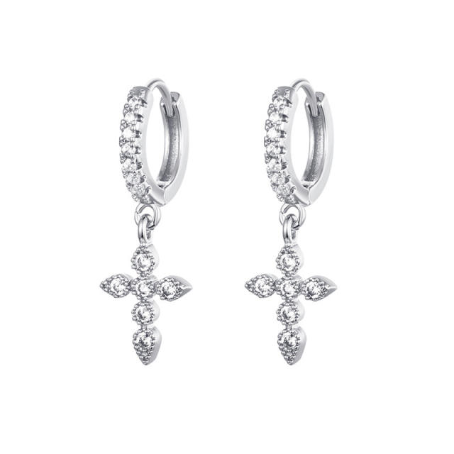 Rhinestone flash cross tiny huggie earrings