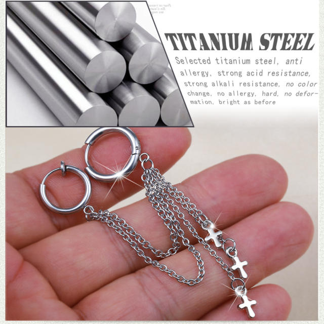 Tassel titanium steel cross earings