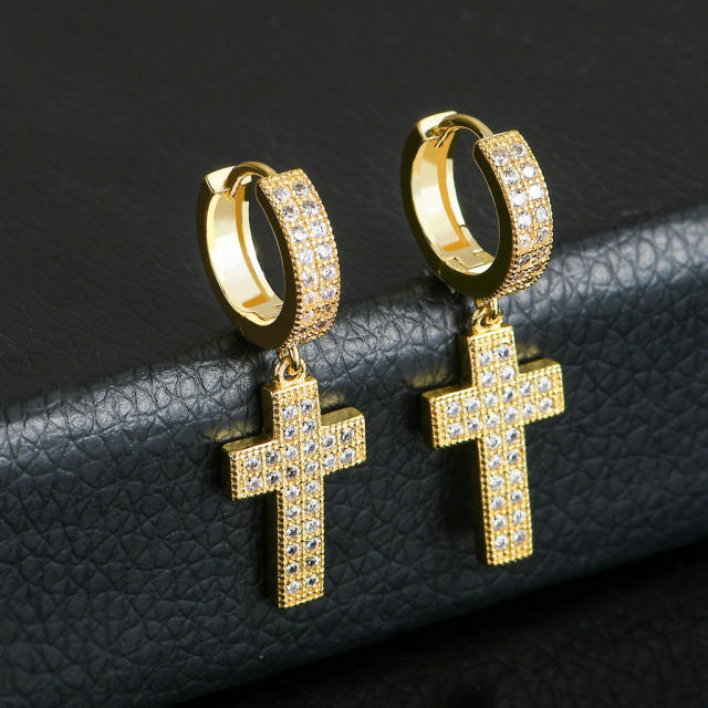 Hip hop zircon cross pendant earrings
