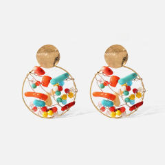 Handmade wireline color stone geometric earrings