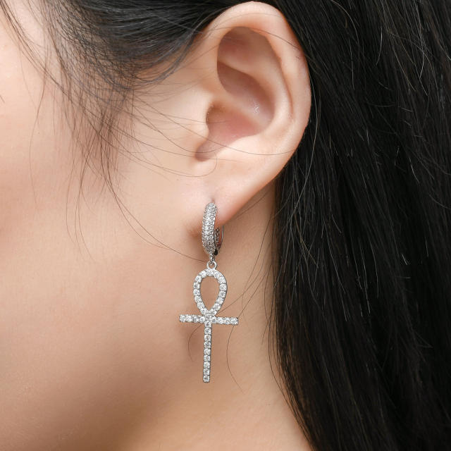 Hip hop zircon cross pendant earrings