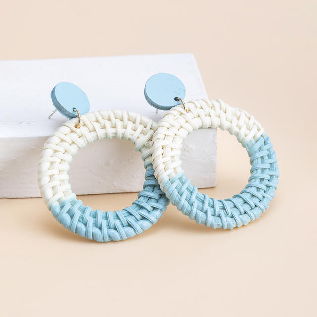 Boho contrast color straw ring dangle earrings for women