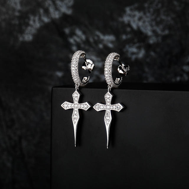 Hip hop zircon cross earrings