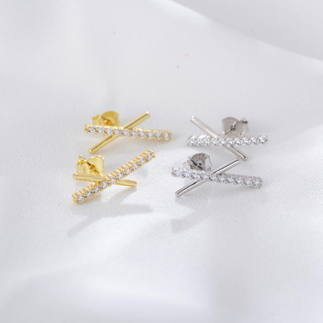 S925 sterling silver cubic zircon cross ear studs