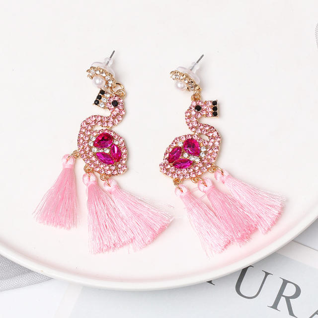 Creative Flamingo rhinestone statement tassel earrings