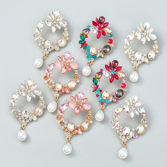 Geometric shape rhinestone pearl earrings