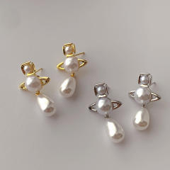 925 sterling silver needle geometric pearl earrings