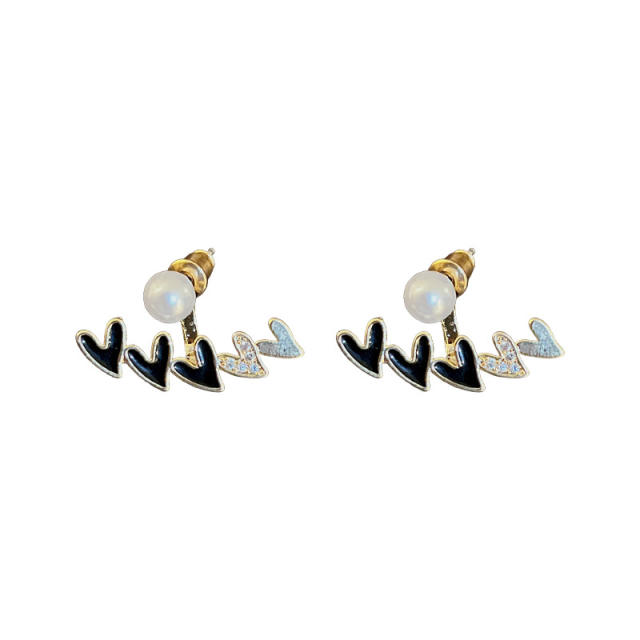 Enamel heart pearl jacket earrings