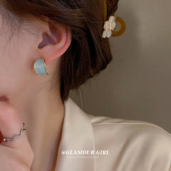 Enamel light blue color rhinestone open hoop earrings