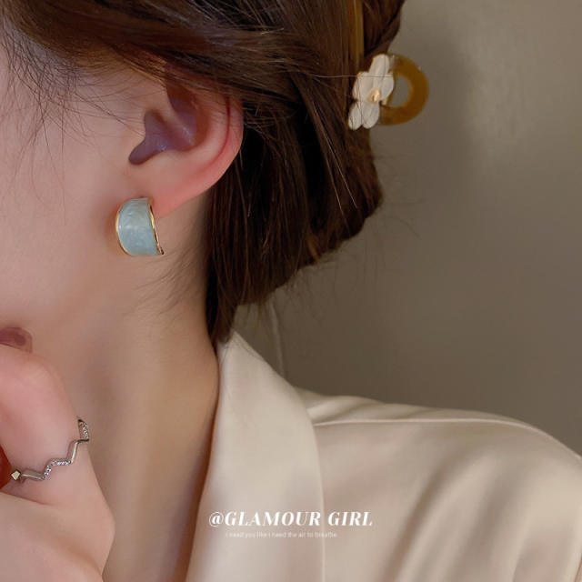 Enamel light blue color rhinestone open hoop earrings
