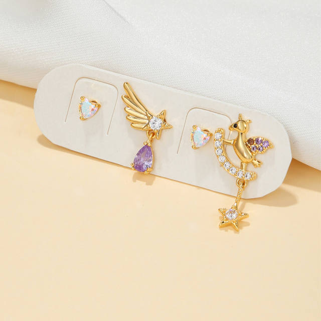 Korean angel wings Trojan love heart stud earrings set