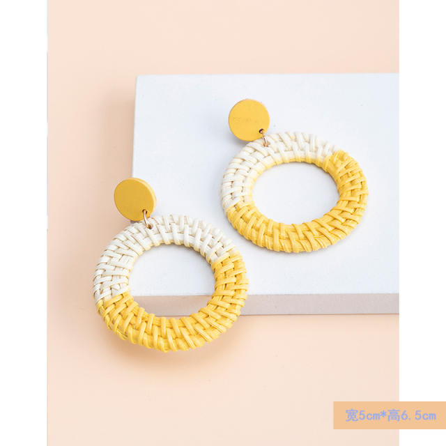 Boho contrast color straw ring dangle earrings for women