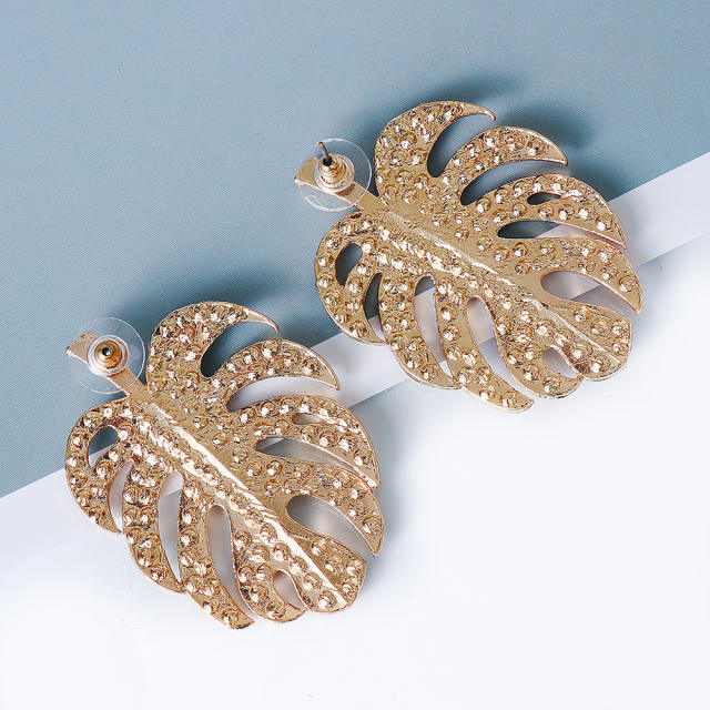 Color rhinestone leaf design earrings