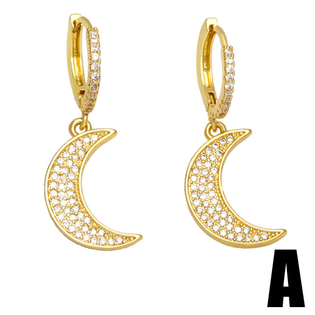 Rhinestone moon star 18KG copper huggie earrings
