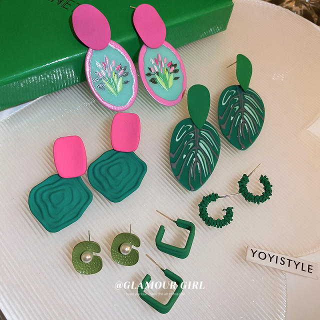 Summer green color seriex geometric ear studs