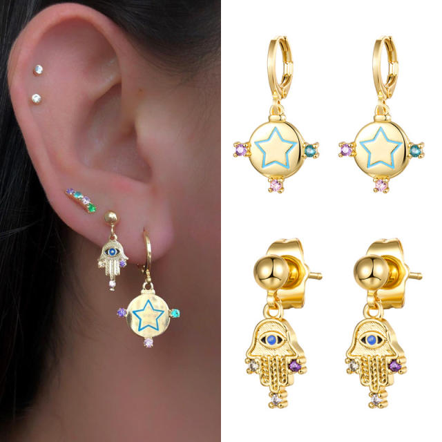 Unique evil eye hamsa hand huggie earrings