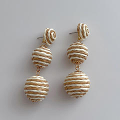 Boho handmade coloful straw ball holiday earrings