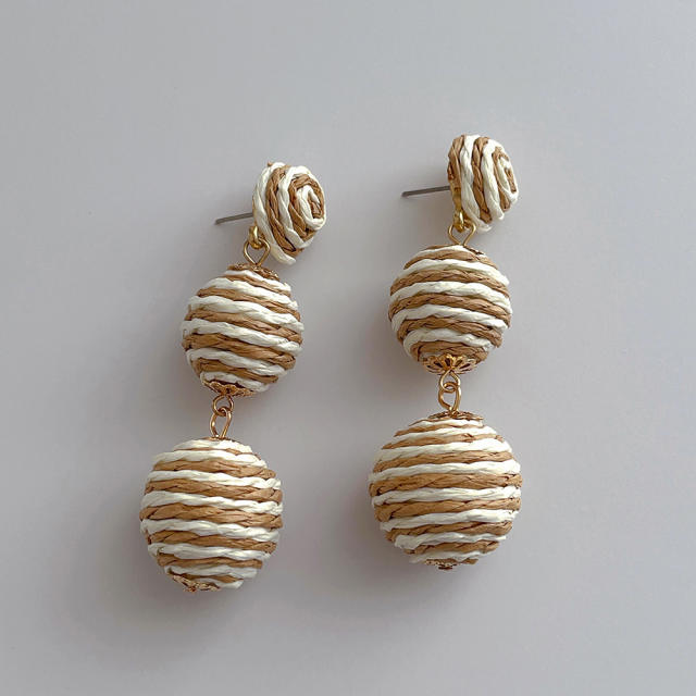 Boho handmade coloful straw ball holiday earrings