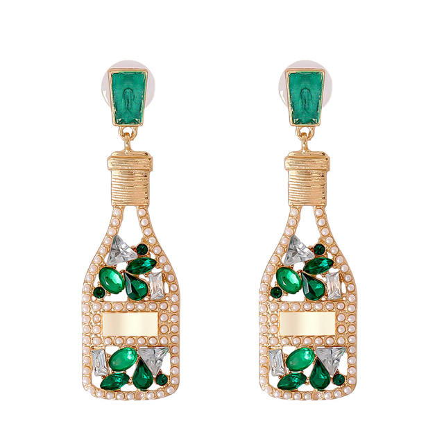 Champagne wine bottle full of rhinestone dangle earrings
