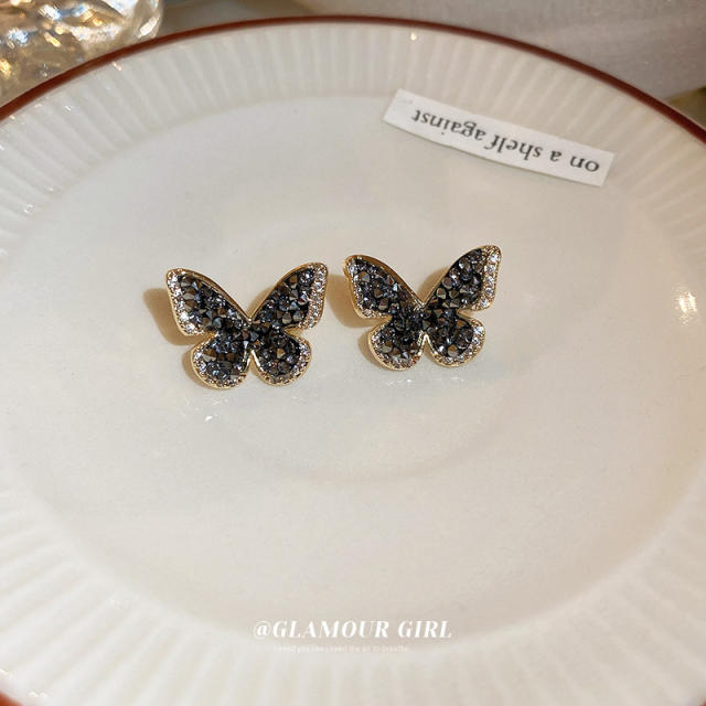 Black rhinestone setting butterfly ear studs