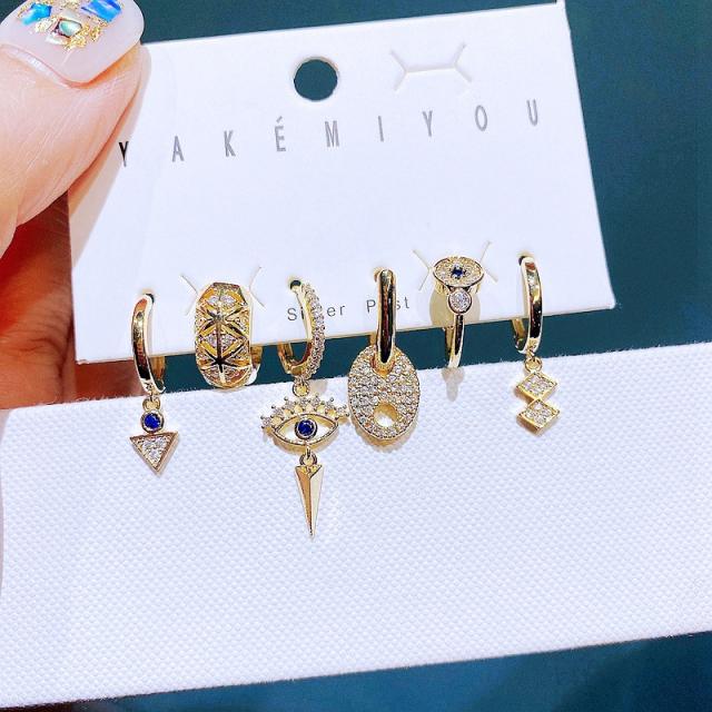 6pcs pave setting rhinestong evil eye huggie earrings set