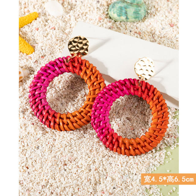 Boho contrast color straw ring dangle earrings for women