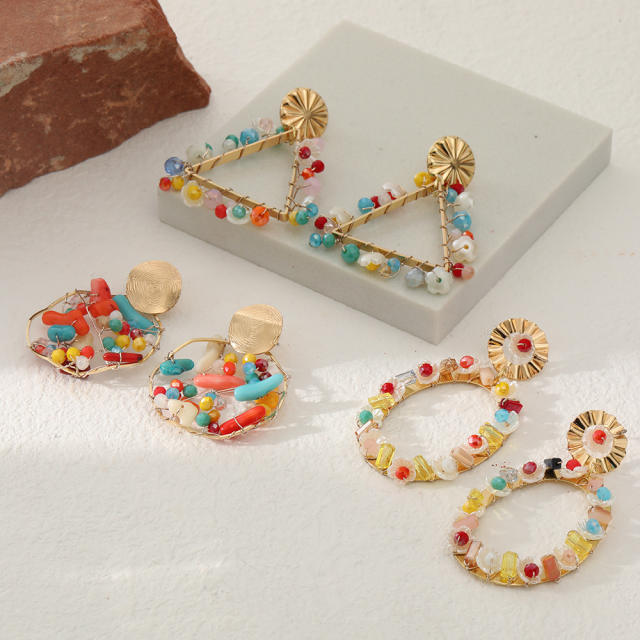 Handmade wireline color stone geometric earrings