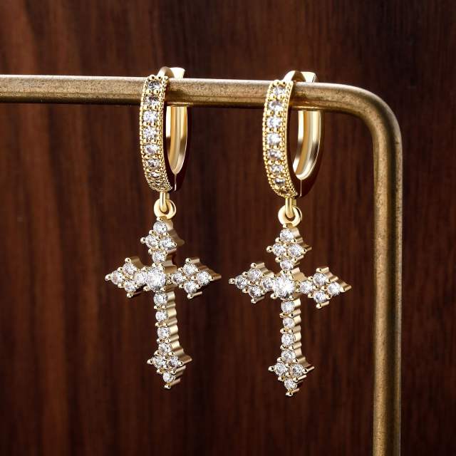 Hip hop zircon cross pendant earrings